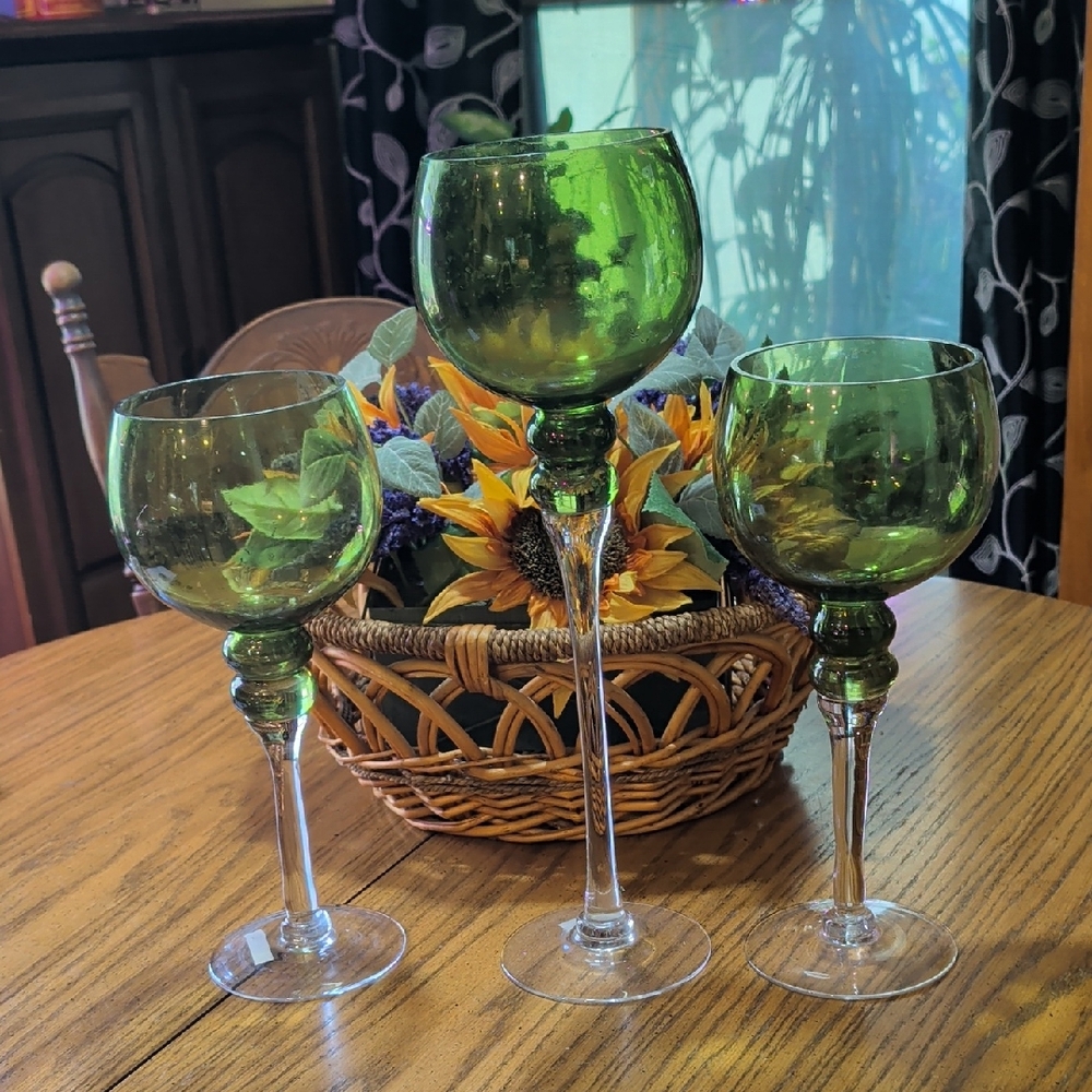 Elegant Green Large Crystal Goblets/Candleholders, Set 3